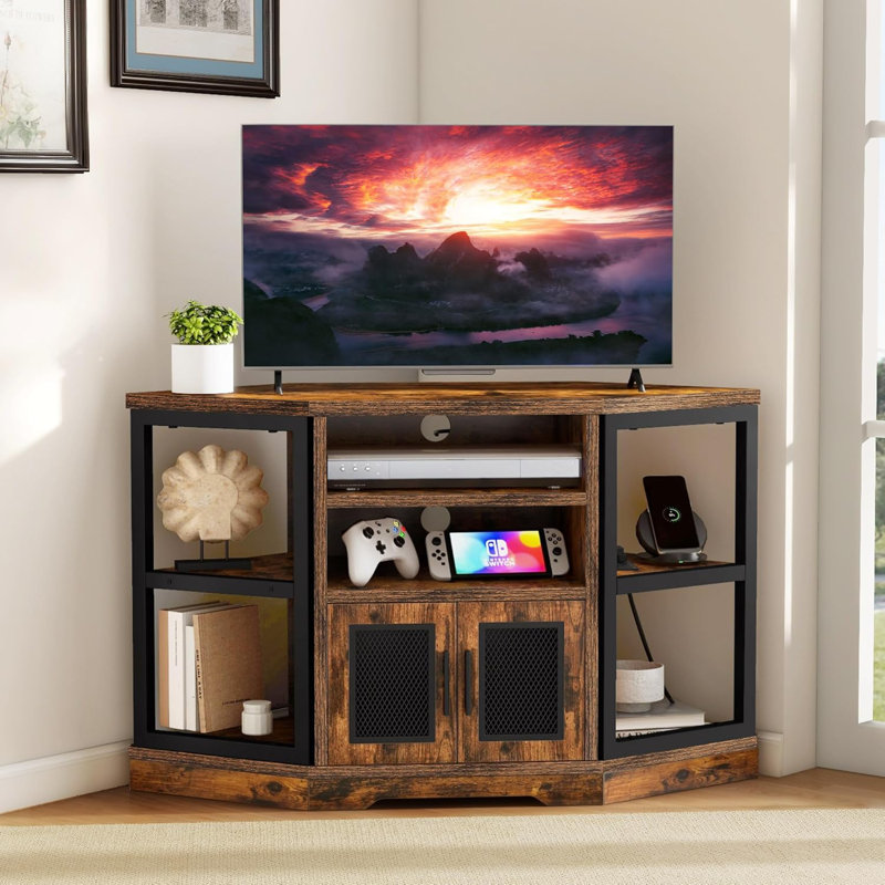 17 Stories Corner TV Stand 55 50 Inch TV With Power Outlet Storage With Storage Cabinets Shelves Brown Wayfair